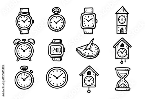 Hand-drawn doodle icons of clocks, watches, and time symbols — stock vector.