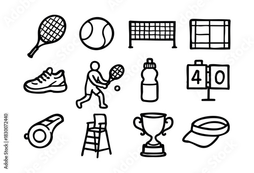 Hand-drawn doodle icons of tennis equipment and activities — stock vector.