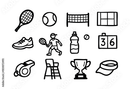 Hand-drawn doodle icons of tennis equipment and activities — stock vector.