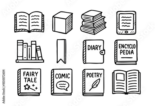 Hand-drawn doodle icons of books, literature, and education — stock vector.