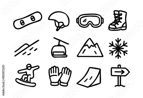 Hand-drawn doodle icons of snowboarding, winter sports, and mountain activities — stock vector.