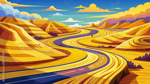 Very beautiful winding road passes colorful layered Yellow Mounds, showcasing vivid textures and sweeping open terrain beneath a clear Midwestern sky.