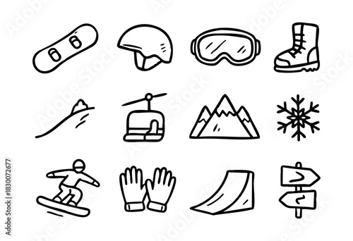 Hand-drawn doodle icons of snowboarding, winter sports, and mountain activities — stock vector.