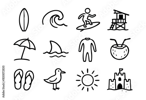 Hand-drawn doodle icons of surfing, sea, and summer vacation — stock vector.