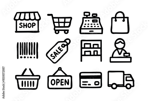 Hand-drawn doodle icons of stores, retail, and online shopping — stock vector.