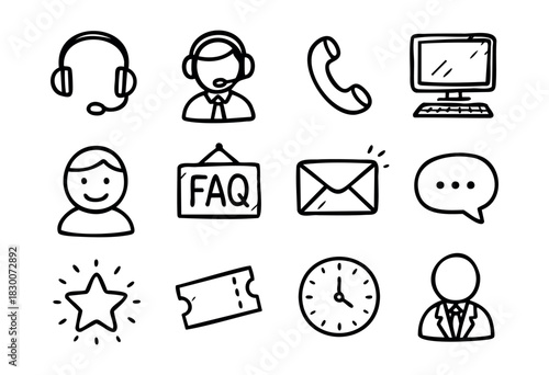 Hand-drawn doodle icons of customer service, communication, and support — stock vector.