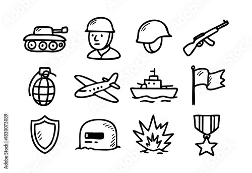 Hand-drawn doodle icons of military, weapons, and defense — stock vector.