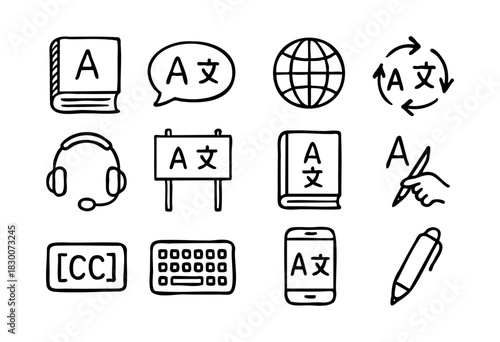 Hand-drawn doodle icons of translator tools, language, and interpretation — stock vector.