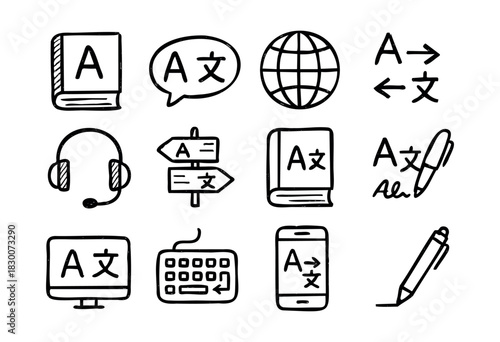 Hand-drawn doodle icons of translator tools, language, and interpretation — stock vector.