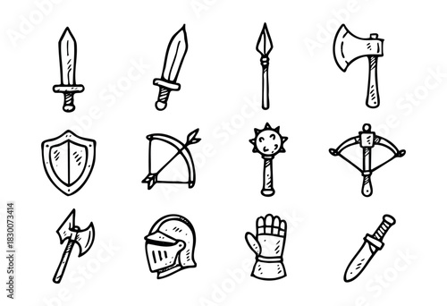 Hand-drawn doodle icons of medieval weapons, armor, and knights — stock vector.