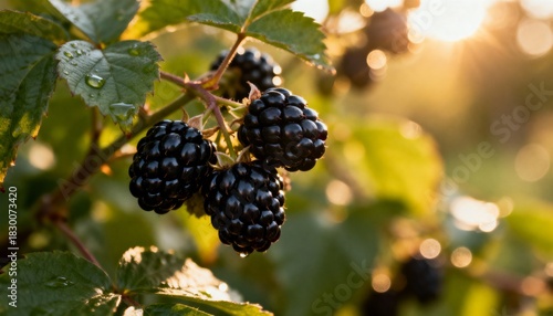 A close-up shot at eye level captures ripe blackberries hanging from a bush branch.