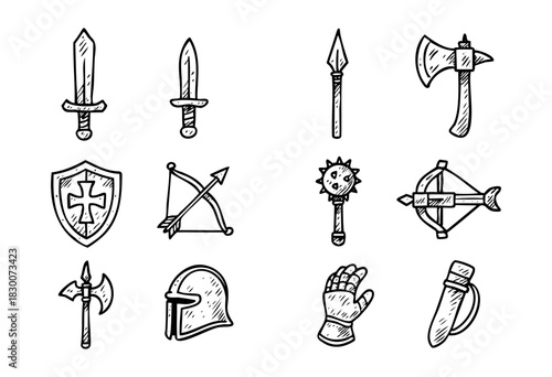 Hand-drawn doodle icons of medieval weapons, armor, and knights — stock vector.