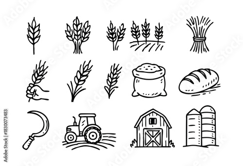 Hand-drawn doodle icons of wheat, farming, and agriculture — stock vector.
