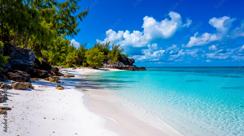 Fototapeta premium A serene beach scene with clear blue water white sand and lush greenery