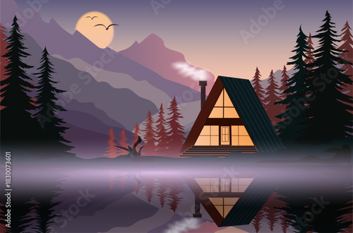 A tranquil scene captures a cozy cabin beside a calm lake at dusk. The mountains tower in the background, with mist rising from the water and a warm glow from the cabin windows