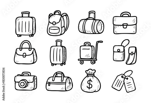 Hand-drawn doodle icons of bags, suitcases, and travel — stock vector.