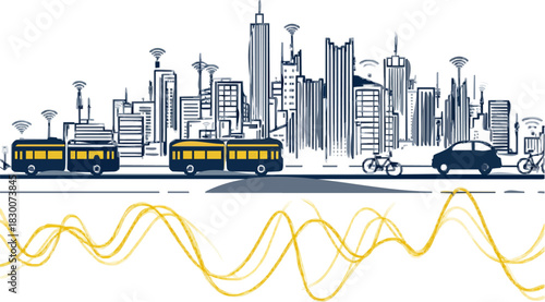 Urban Mobility: Smart City, Public Transportation, Line Art
