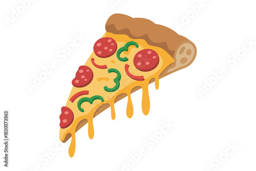 A single slice of pizza with pepperoni and peppers on a white background