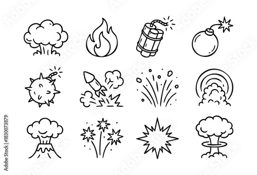 Hand-drawn doodle icons of explosions, fire, and energy bursts — stock vector.