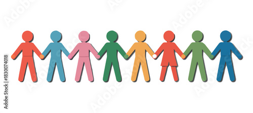 A chain of paper dolls in various colors holding hands against white background