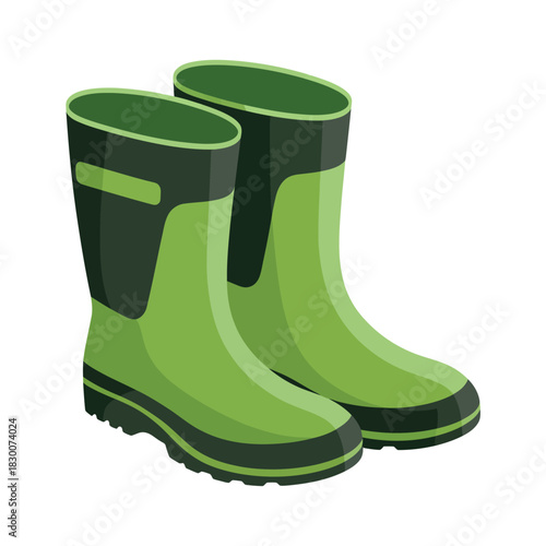 A pair of green and dark green rubber rain boots on a white background view