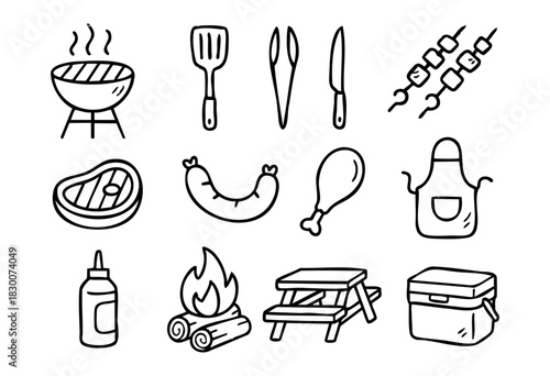 Hand-drawn doodle icons of barbecue, grill, and picnic accessories — stock vector.