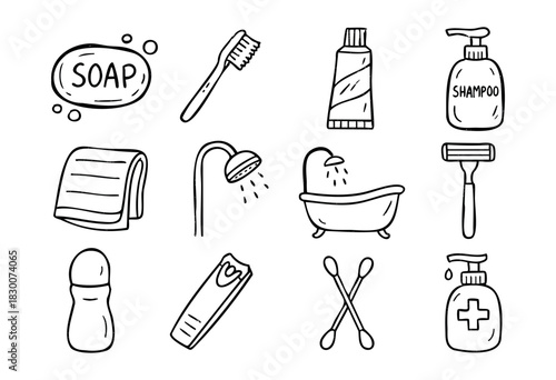 Hand-drawn doodle icons of hygiene, shower, and bathroom items — stock vector.