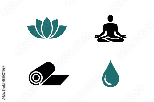 Illustration of a lotus flower, meditating figure, yoga mat, and water drop