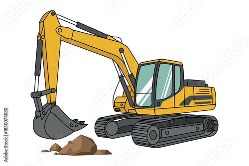 Illustration of a yellow excavator with a bucket and some rocks nearby