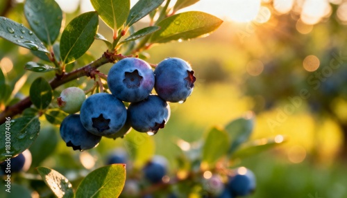 A close-up shot at eye level captures ripe blueberries hanging from a bush branch.