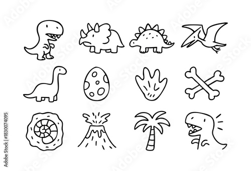 Hand-drawn doodle icons of dinosaurs, fossils, and prehistoric nature — stock vector.