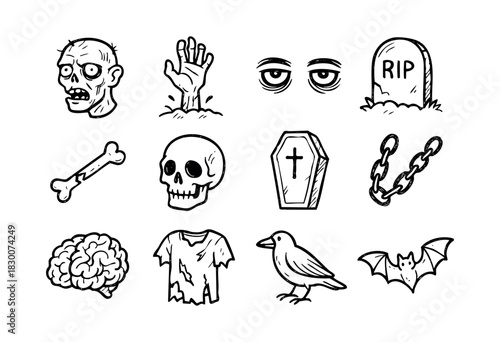 Hand-drawn doodle icons of zombies, skulls, and Halloween horror — stock vector.