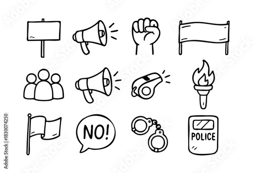 Hand-drawn doodle icons of protests, rights, and activism — stock vector.