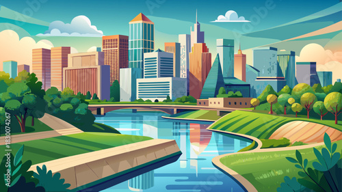 Very beautiful modern city skyline rises above the Big Sioux River with reflective water, walking paths, and lush green spaces enhancing the peaceful urban scene.