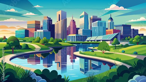Very beautiful modern city skyline rises above the Big Sioux River with reflective water, walking paths, and lush green spaces enhancing the peaceful urban scene.