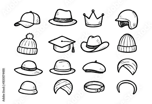 Hand-drawn doodle icons of hats, caps, and head accessories — stock vector.