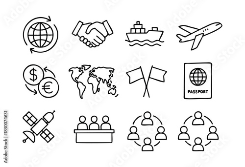 Hand-drawn doodle icons of global communication, trade, and travel — stock vector.