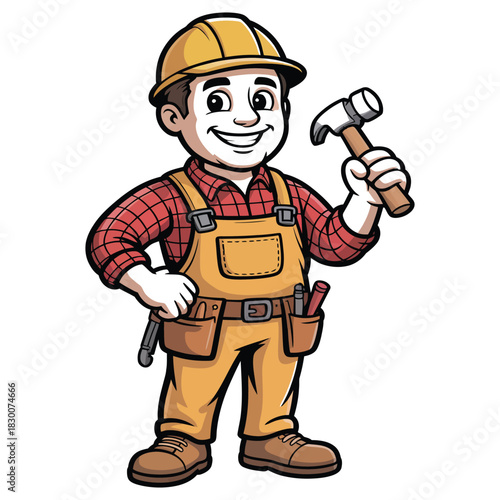Friendly cartoon construction worker holding a hammer wearing a hard hat and tool belt ready for home improvement and building projects