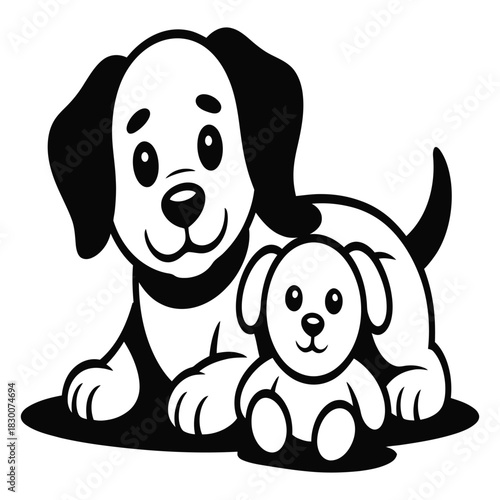 Adorable black and white cartoon puppy dog illustration sitting next to a small plush toy dog representing friendship and childhood innocence