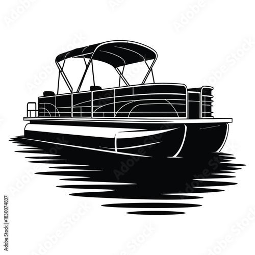 A detailed black and white illustration of a modern pontoon boat with a canopy top floating on rippling water perfect for summer lake activities and watercraft themes