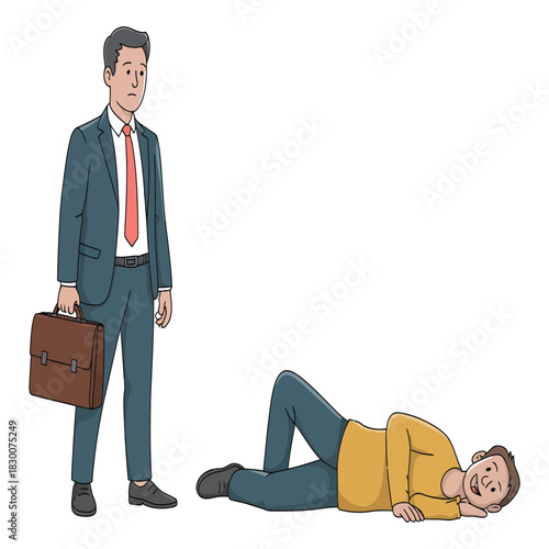 Successful businessman stands confidently holding briefcase while another man lies on the floor looking exhausted and defeated