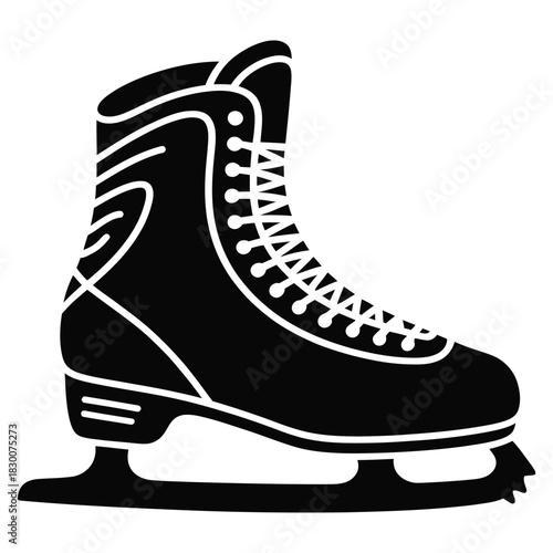 A stylized black silhouette of a classic ice skate with laces and a sharp blade perfect for winter sports and recreational activities
