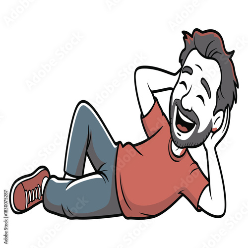 A happy laughing man with a beard and dark hair wearing a red t shirt and blue jeans is lying on his side with his hands behind his head looking relaxed and joyful