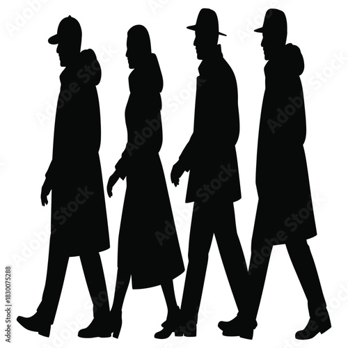 Silhouettes of four people walking in a line wearing hats and coats against a stark white background conveying a sense of mystery and anonymity