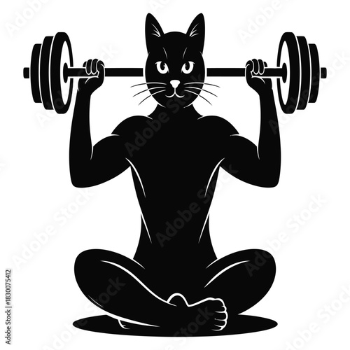 A strong black cat with human like muscular arms and a cat head sits in a yoga pose lifting a heavy barbell overhead with intense focus and determination