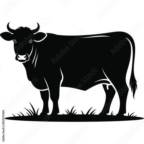 A stark black silhouette of a robust domestic cow standing in a field of stylized grass against a clean white background conveying a sense of rural simplicity and farm life