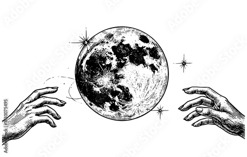 Surreal Engraving Moon and Hands Illustration, Cosmic Symbolic Line Art, Mystical Vintage Clipart, Emotional Concept Design