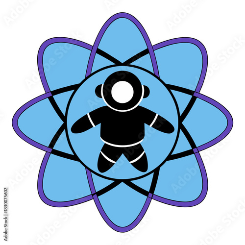 Stylized astronaut silhouette within an atomic orbital symbol isolated on black background isolated on white background isolated on transparent background