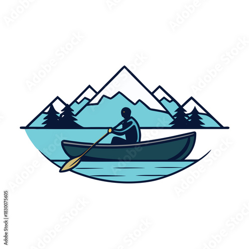 Person paddling a canoe on a lake with mountains and trees silhouette isolated on white background isolated on transparent background