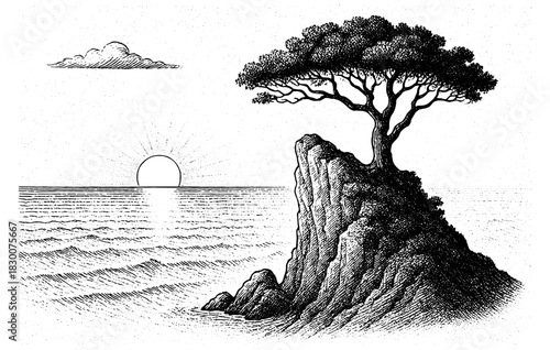 Vintage Engraving Coastal Tree on Cliff, Sunset Ocean Landscape Line Art Illustration, Scenic Nature Clipart